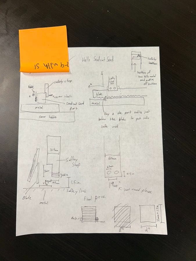 Photo of a real RFQ: a handwritten pencil sketch of a saw-table safety part with dimensions on notebook paper, topped with an orange sticky note.